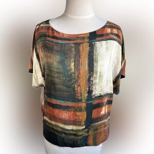 Lafayette 148 New York Orange and Green Boxy Graphic Short Sleeve Silk Blouse